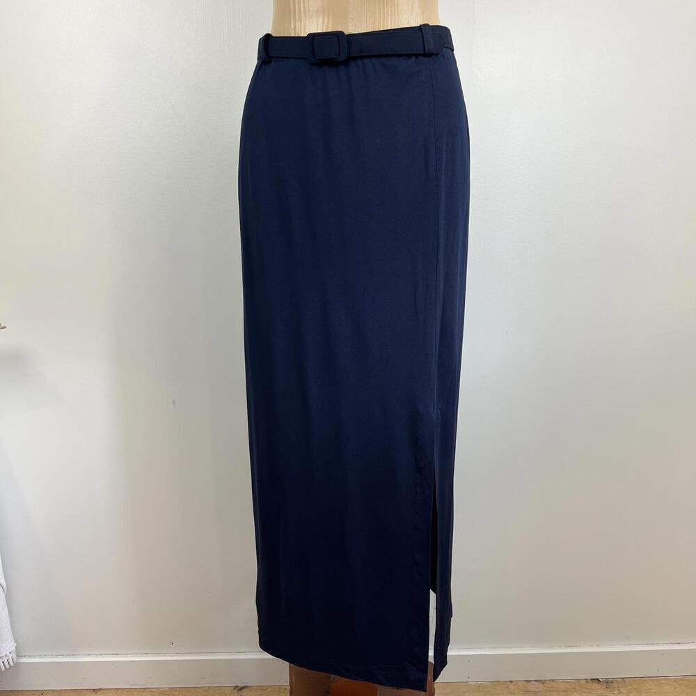 Vintage Leonard Studio 12 Navy Blue Maxi Skirt Belted Side Slit Slinky 80s Retro